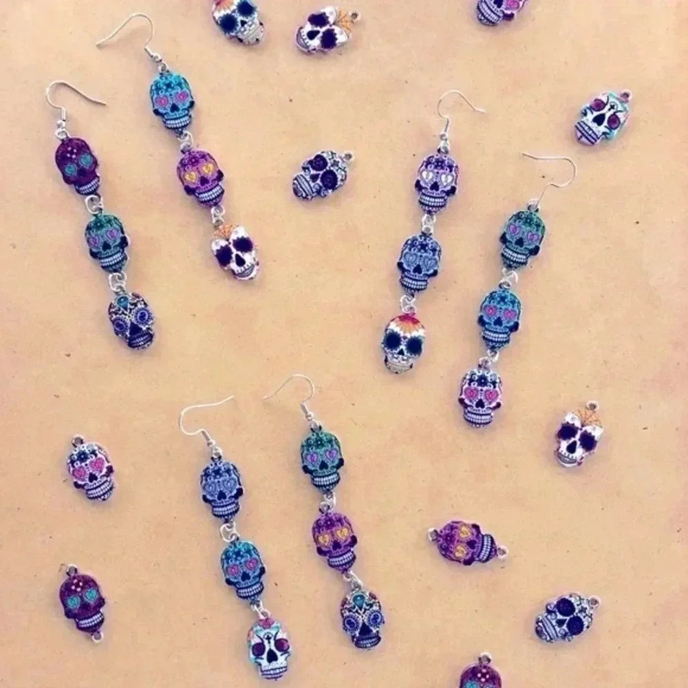 Sugar Skull Dia de los Muertos Mixed Style Drop Earrings Handmade